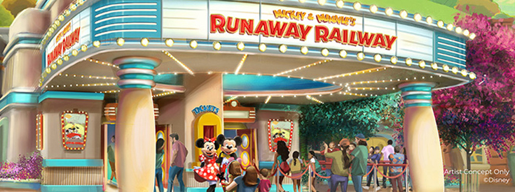 Mickey & Minnie's Runaway Railway entrance with Mickey and Minnie and park guests drawn out front in concept art. Mickey & Minnie's Runaway Railway entrance with Mickey and Minnie and park guests drawn out front in concept art.